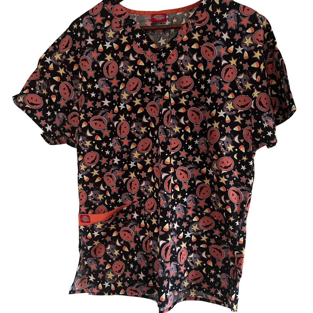 Dickies Halloween Spooky Scrub Top Large Pumpkins Candy Corn Stars Workwear